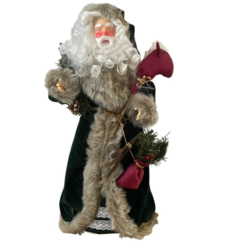 Vintage Santa Claus Figure Tree Topper Green Red Large 23 inch Expressive Face